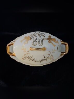 Vintage Lefton Fine China 50th Wedding Anniversary Miniature Gravy Boat Attached